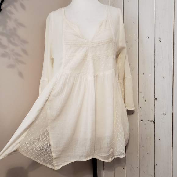 CREPE PEASANT MESH FLOWY LONG SLEEVE CREAM TOP - Picture 8 of 16